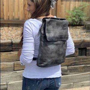 Bed Stu charcoal perforated leather roll-top backpack